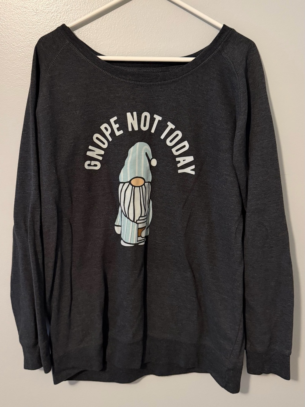 Gray off shoulder Graphic Sweatshirt- "Gnome Not Today"